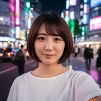 Young woman taking a selfie on a neon-lit city street at night, wearing a white top.