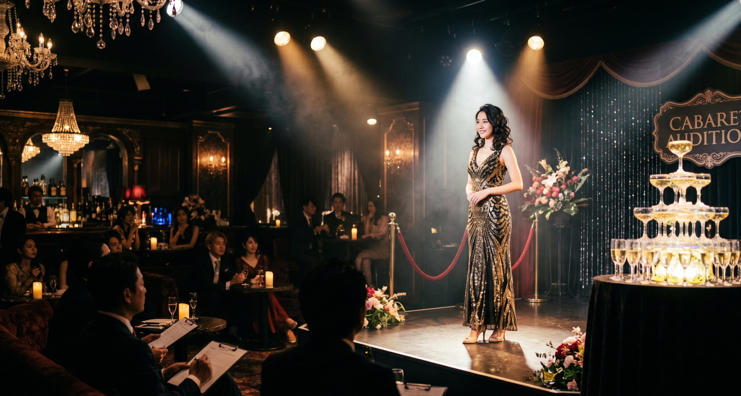 Female performer in a sparkling gown stands on a lit stage during a cabaret audition, as a seated audience watches.
