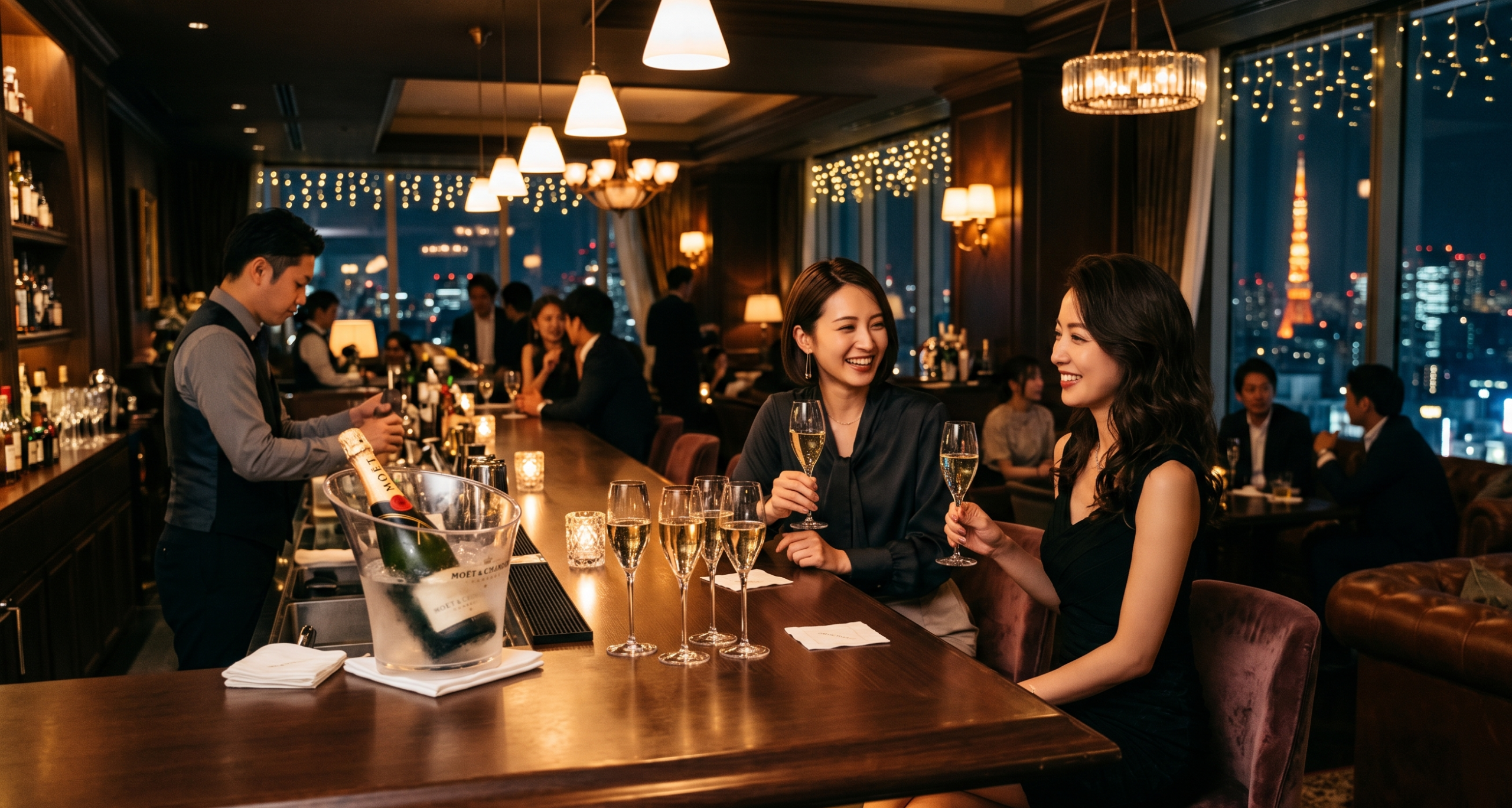 Two women in evening attire toast with champagne at a glamorous bar, city lights visible through the windows behind them.
