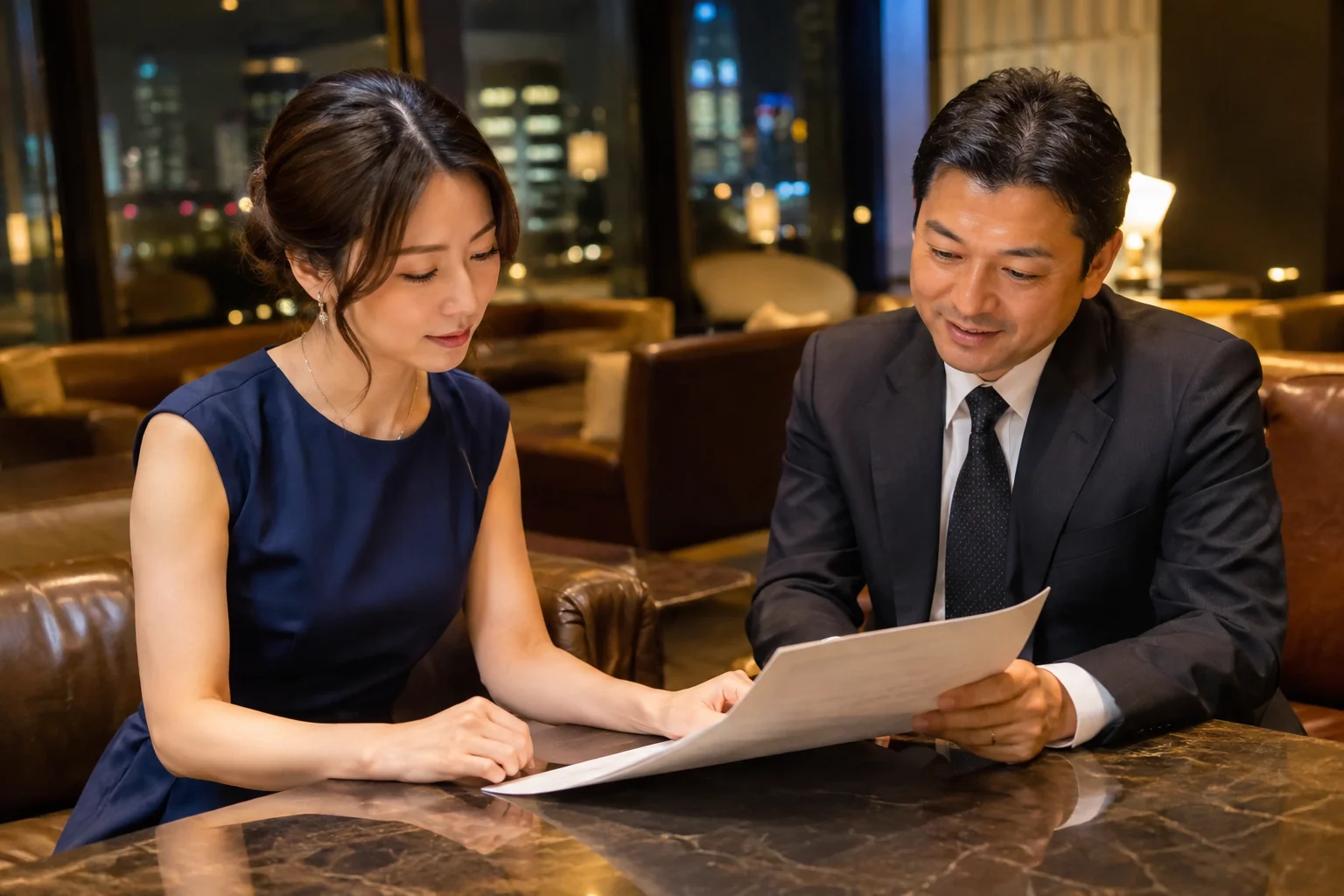 会員制ラウンジで契約条件を確認する様子