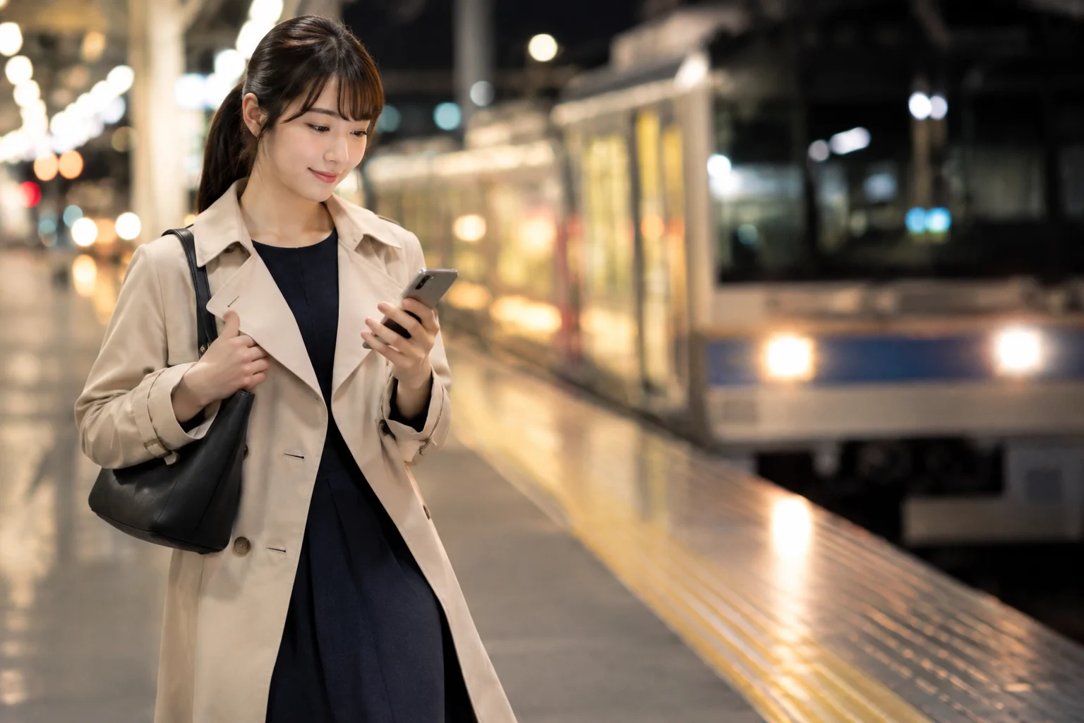 仕事を終えて終電で帰る女性