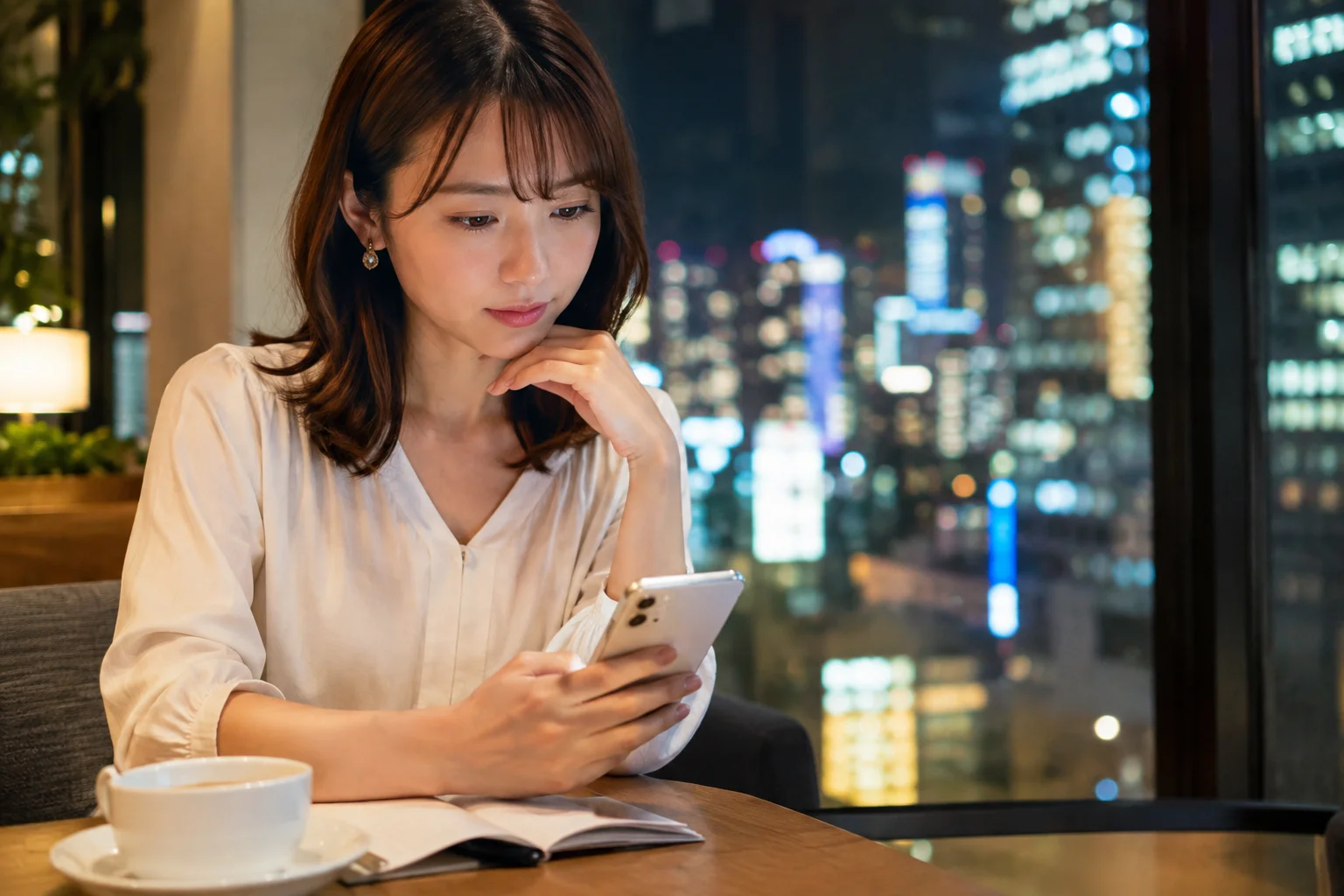 六本木で働くお店をスマートフォンで比較する女性